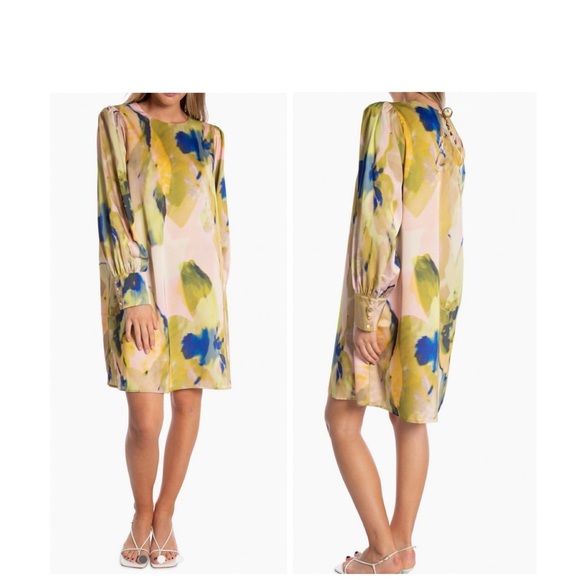 🆕Eloquii Satin Yellow and Green Sheath Dress with Bishop Sleeves 16🆕 - Picture 2 of 15